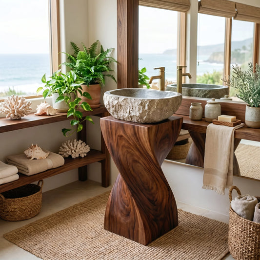 Twisted Solid Wood Pedestal Sink Stand – Sculptural Bathroom Vanity Base