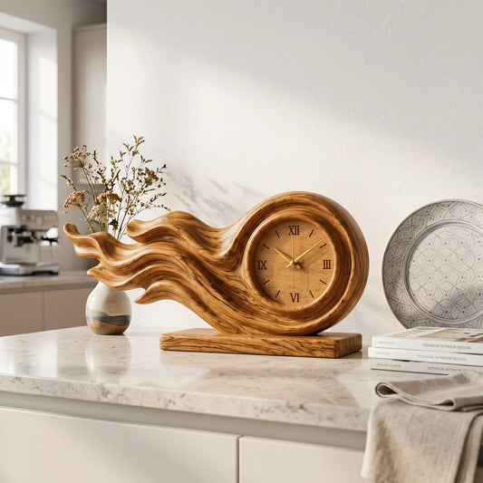 Handcrafted Solid Wood Wave Table Clock – Modern Sculptural Desk Clock for Home and Office