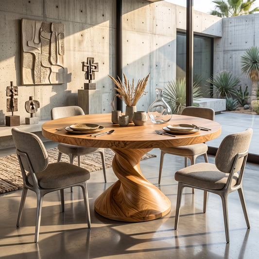 Round Solid Wood Dining Table with Sculptural Twisted Pedestal Base