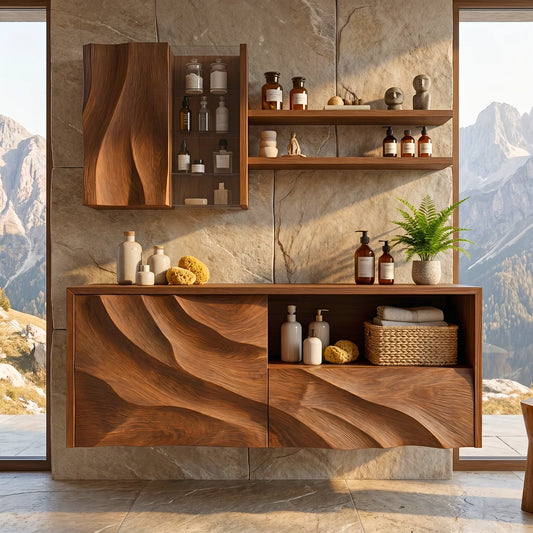 Floating Solid Wood Bathroom Vanity with Layered Organic Relief – Sculptural Wall-Mounted Cabinet