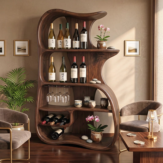 Solid Wood Wine Cabinet with Organic Open Shelves for Dining Room