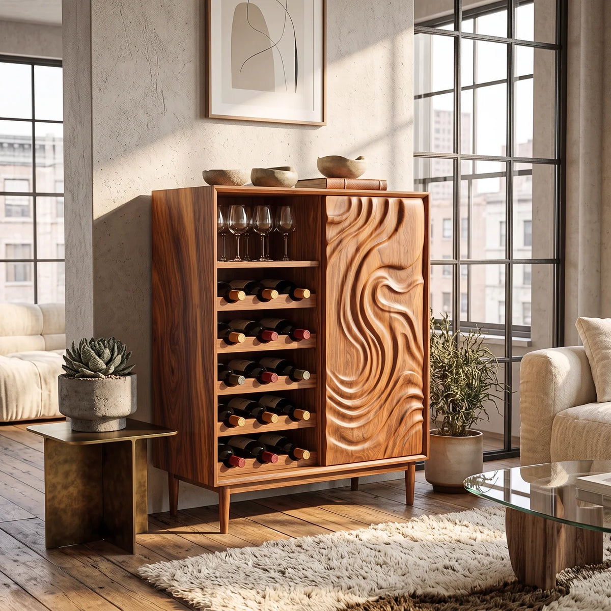 Solid Wood Wine Cabinet with Sculpted Wave Door and Wine Bottle Storage