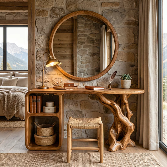 Sculptural Solid Wood Vanity Table with Organic Carved Base and Open Shelf
