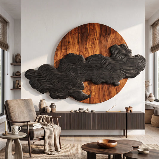 Solid Wood Wall Art – Silent Eclipse with Flowing Black Cloud Layers