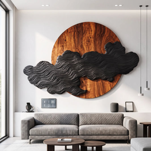 Solid Wood Wall Art – Silent Eclipse with Flowing Black Cloud Layers