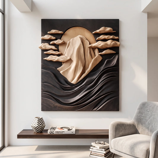 Solid Wood Wall Sculpture with Mountain Peak, Rising Sun and Flowing Wave Relief