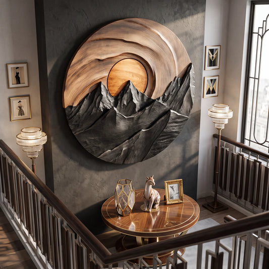 Mountain Sunset Wooden Wall Sculpture for Modern Nature-Inspired Home Decor