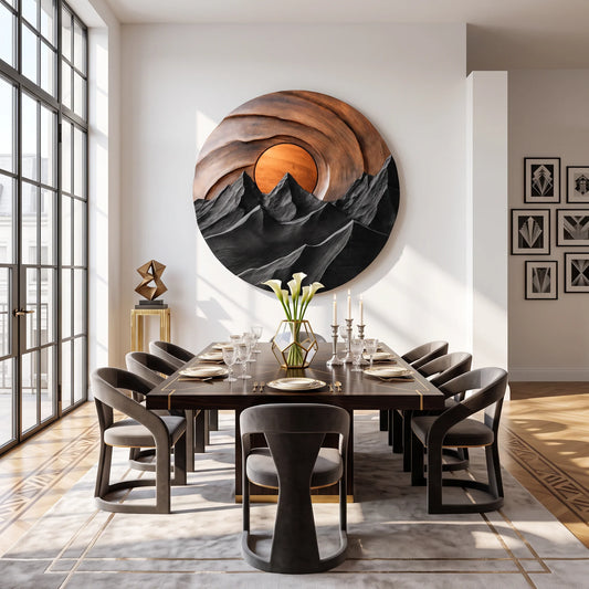 Mountain Sunset Wooden Wall Sculpture for Modern Nature-Inspired Home Decor