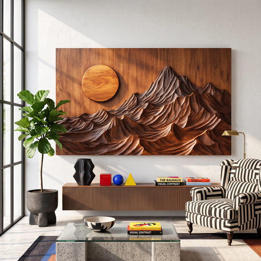 Wooden Mountain Sunrise Wall Sculpture with Layered Peaks and Flowing Ridges