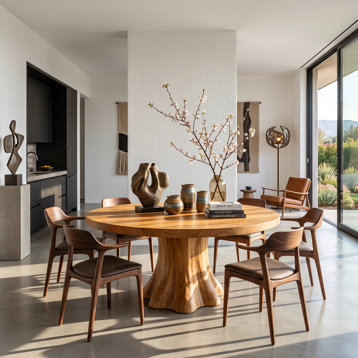 Round Solid Wood Dining Table with Sculptural Flared Pedestal Base