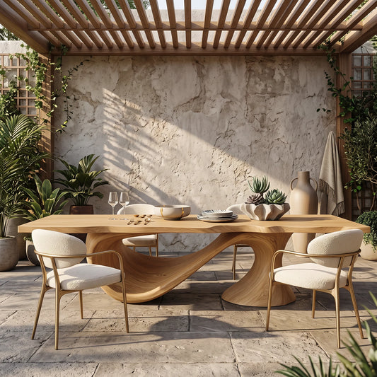 Modern Solid Wood Dining Table with Sculptural Sweeping Arc Base