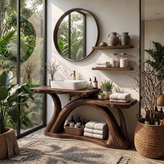 Bathroom Vanity Solid Wood with Sculptural Arch Base and Open Shelf Storage