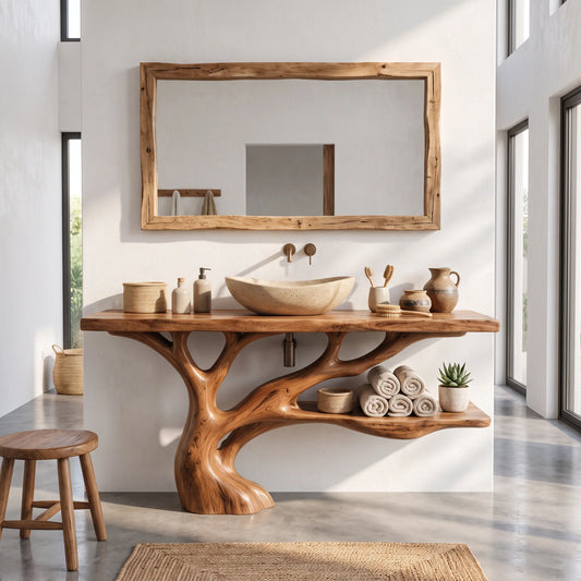 Solid Wood Bathroom Vanity with Sculptural Branch Base