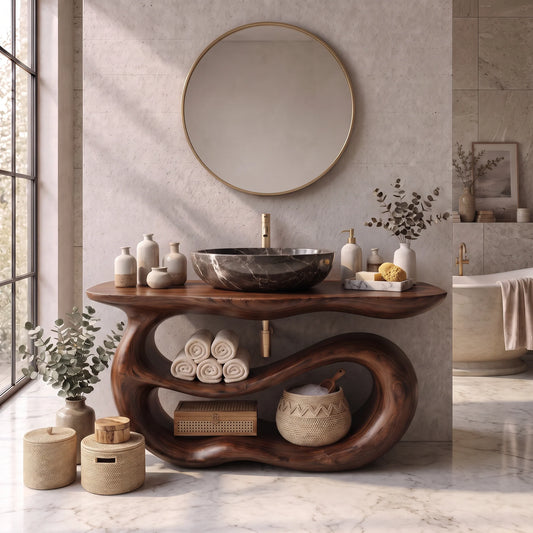 Solid Wood Bathroom Vanity with Sculptural Double-Loop Base and Open Shelf Storage