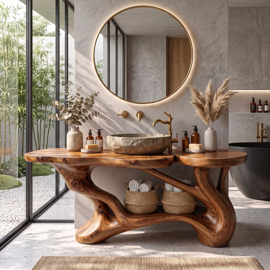 Solid Wood Bathroom Vanity with Sculptural Branch Frame and Open Shelf Storage