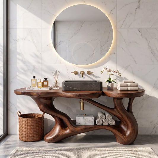 Solid Wood Bathroom Vanity with Sculptural Branch Frame and Open Shelf Storage