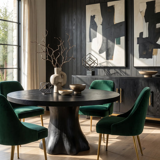 Round Solid Wood Dining Table with Sculptural Flared Pedestal Base