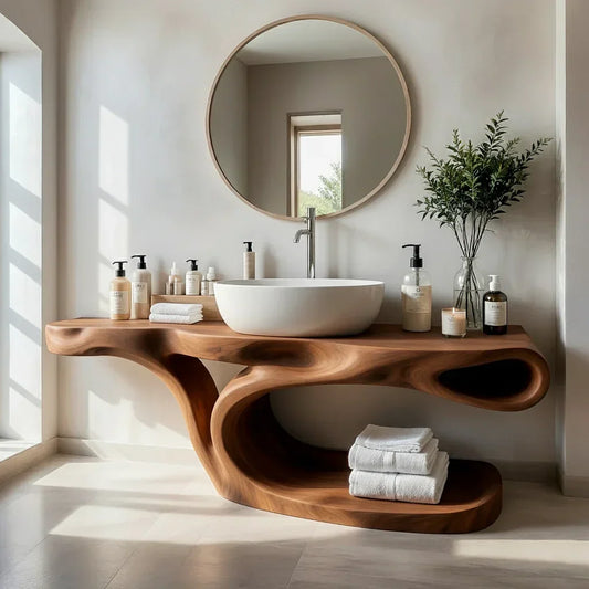 Sculptural Solid Wood Bathroom Vanity with Open Shelf Storage