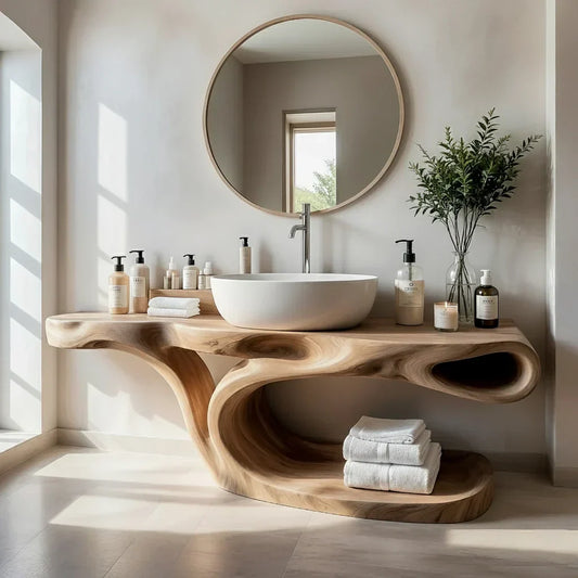 Sculptural Solid Wood Bathroom Vanity with Open Shelf Storage