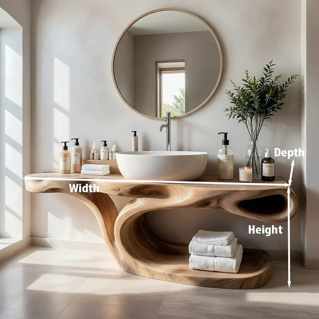 Sculptural Solid Wood Bathroom Vanity with Open Shelf Storage