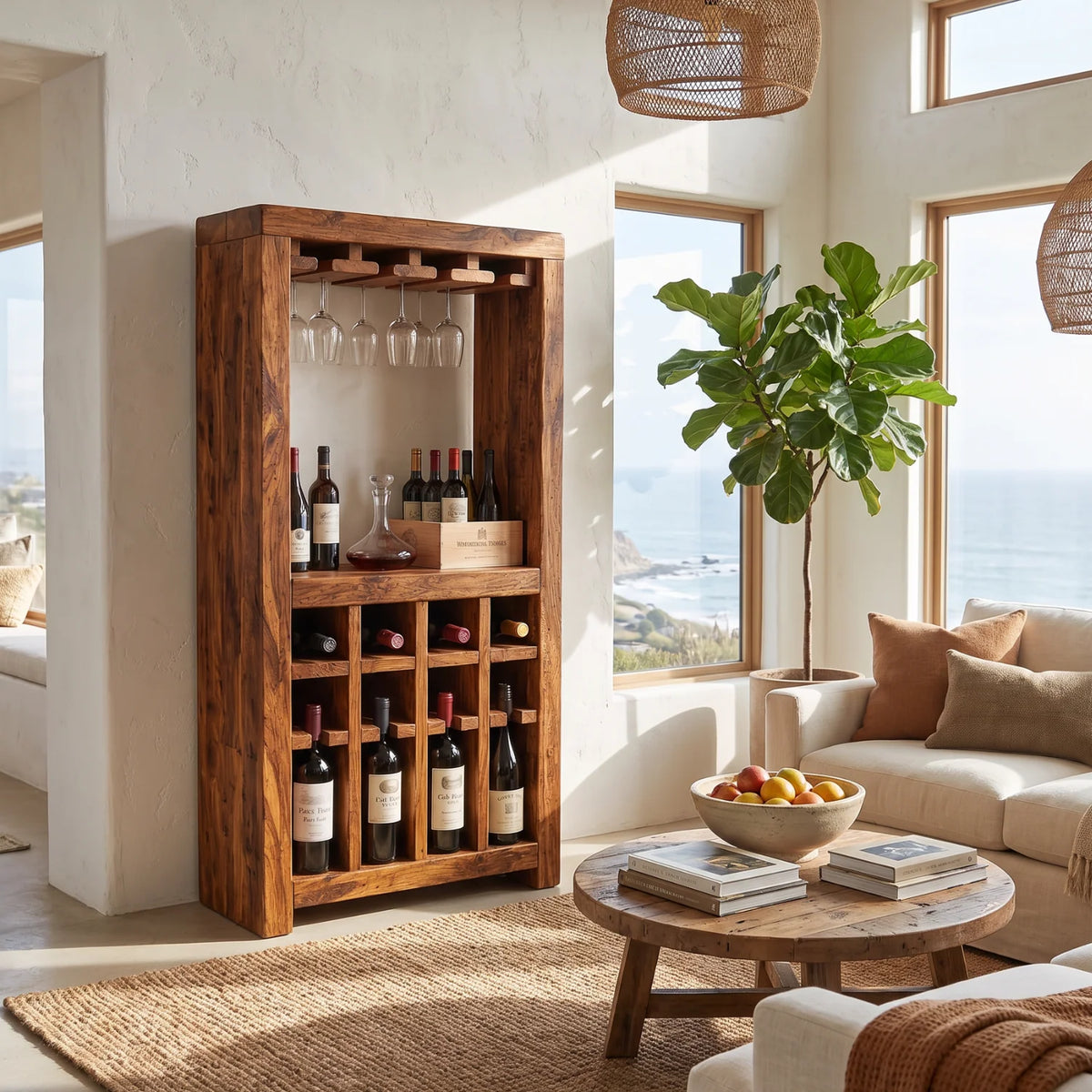 Solid Wood Wine Rack Cabinet with Integrated Stemware Holder and Display Shelves