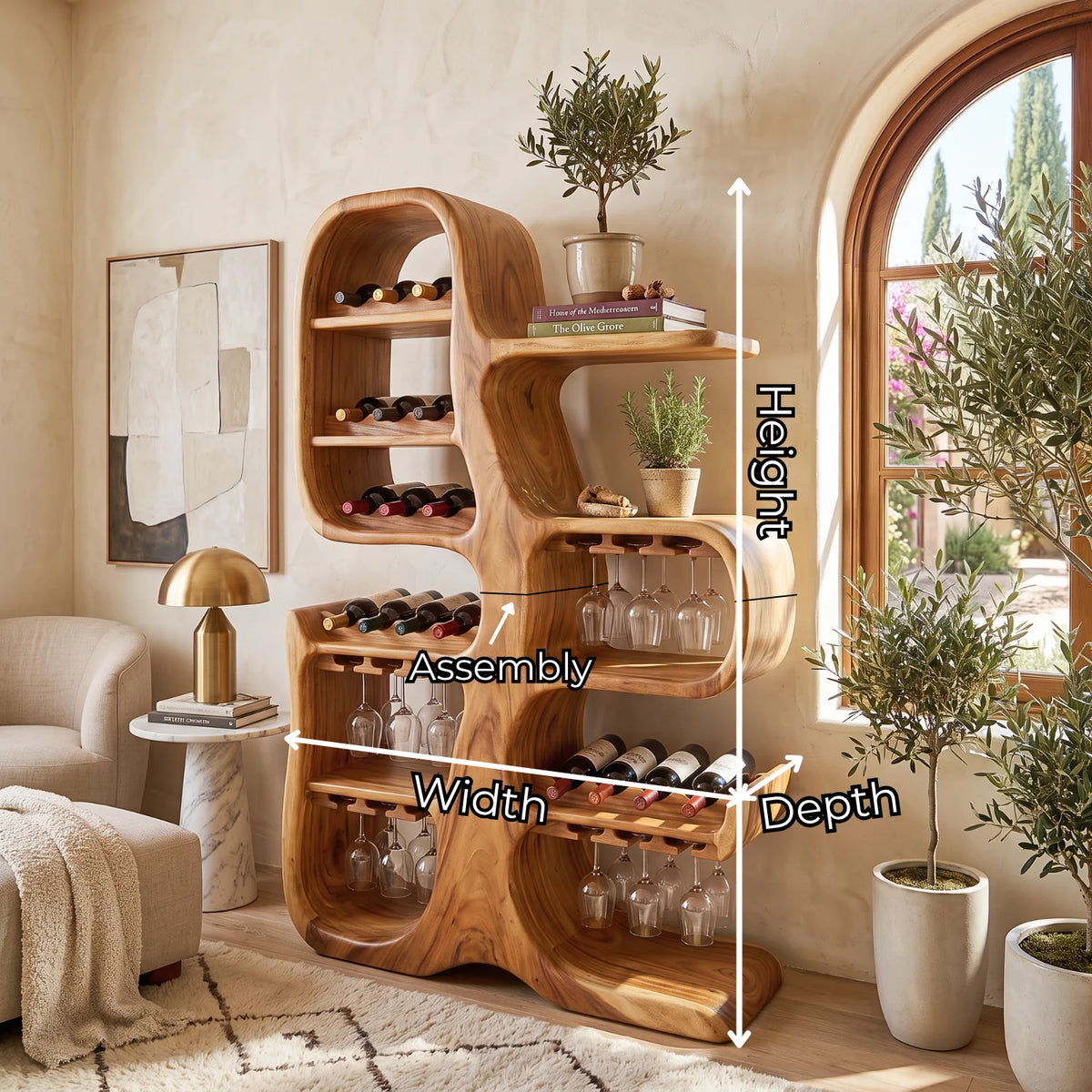 Solid Wood Wine Cabinet with Sculptural Tree-Inspired Design