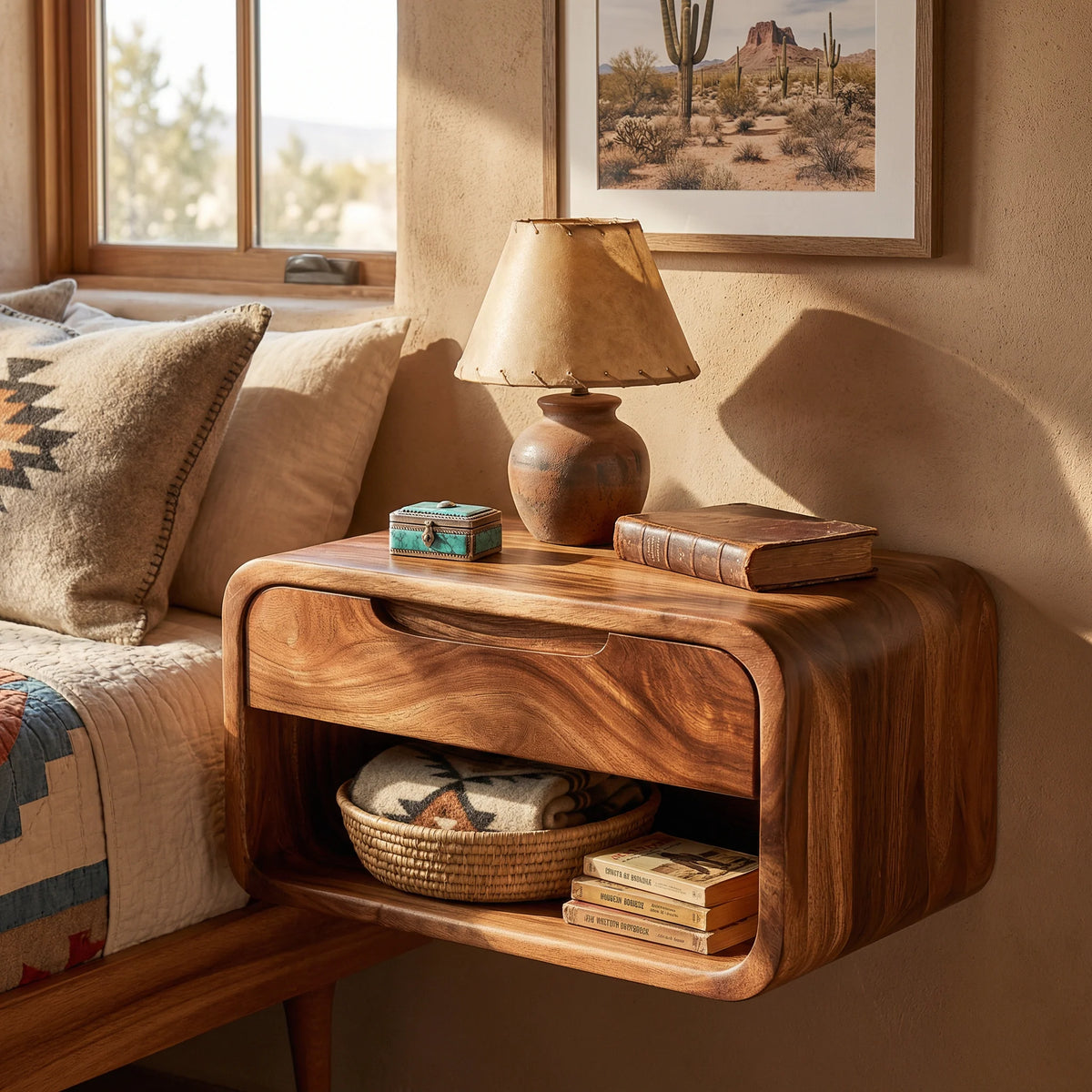 Handcrafted Solid Wood Floating Nightstand with Drawer and Open Shelf Storage