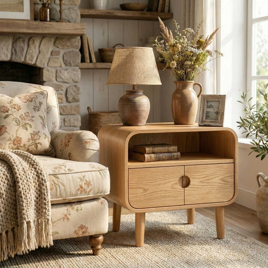 Solid Wood Nightstand with Double Door Cabinet and Open Shelf Storage