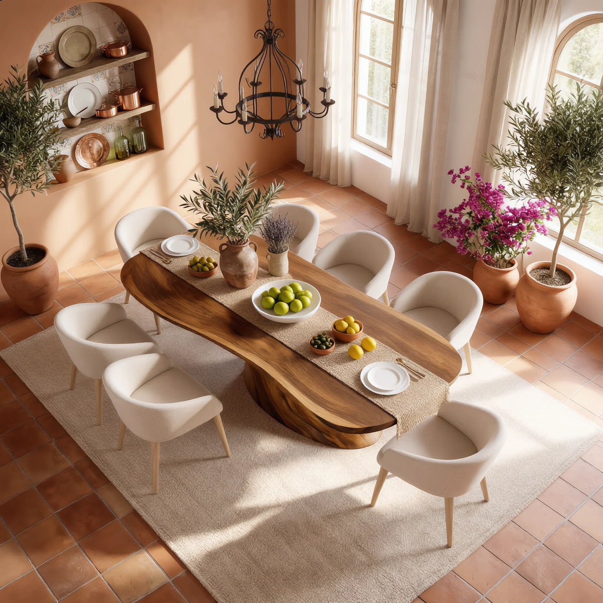 Organic Solid Wood Dining Table with Sculptural Flowing Base