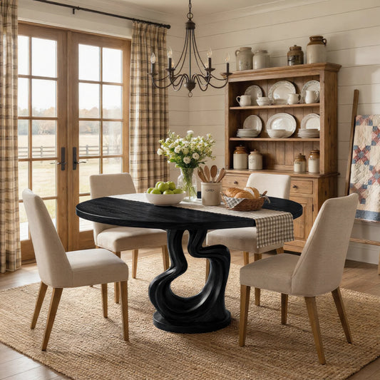 Round Solid Wood Dining Table with Sculptural Twisted Pedestal Base
