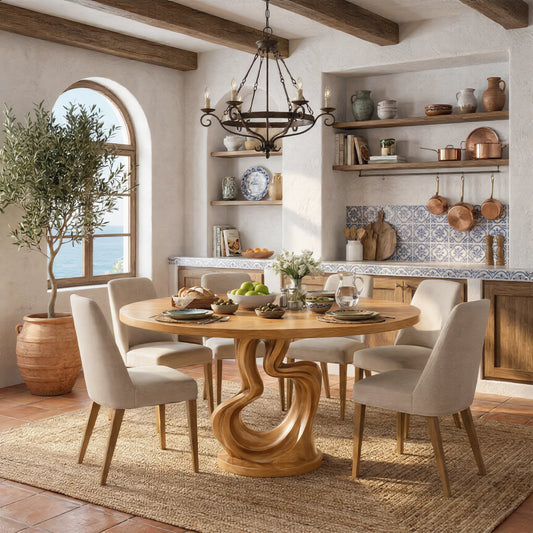 Round Solid Wood Dining Table with Sculptural Twisted Pedestal Base