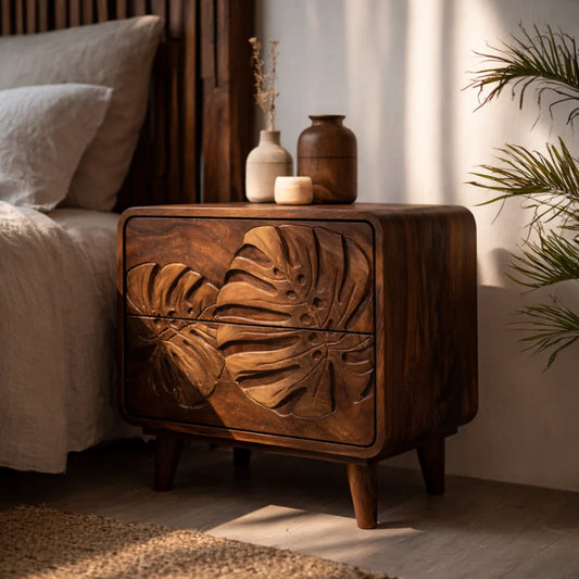 Handcrafted Solid Wood Nightstand with Intricate Tropical Leaf Carved Front