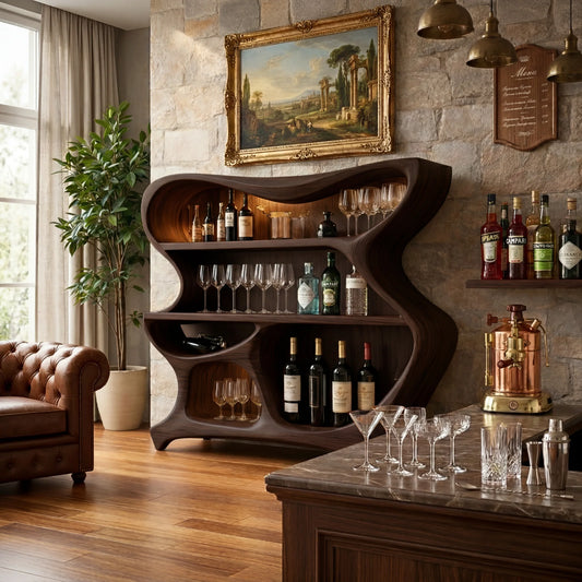 Solid Wood Bar Cabinet with Sculptural Open Shelves for Living Room