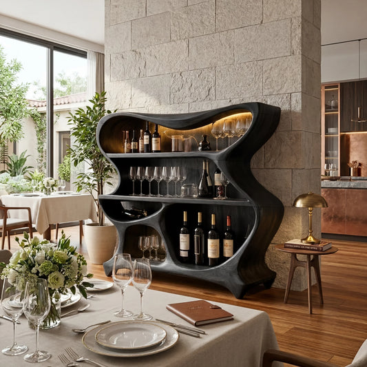 Solid Wood Bar Cabinet with Sculptural Open Shelves for Living Room