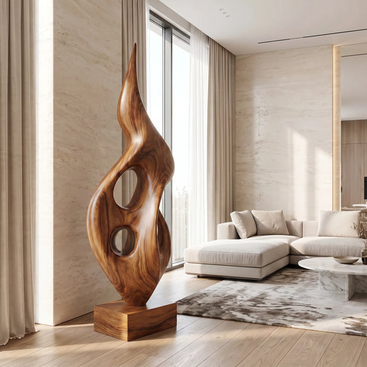 Tall Openwork Solid Wood Flame Sculpture with Plinth Base – Contemporary Statement Décor for Modern Living Rooms