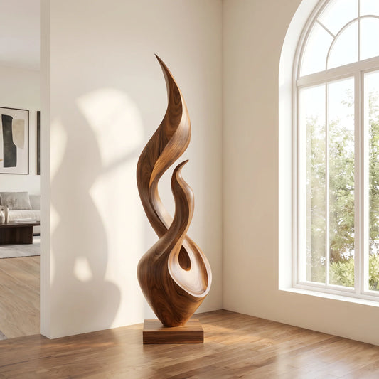 Tall Solid Wood Flame Sculpture – Modern Freestanding Decorative Art for Contemporary Interiors