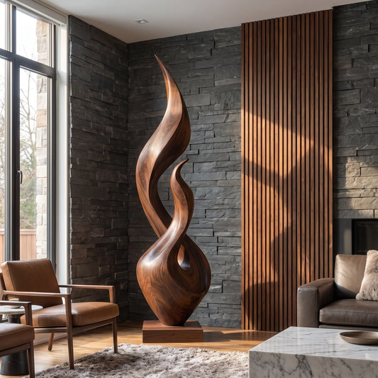 Tall Solid Wood Flame Sculpture – Modern Freestanding Decorative Art for Contemporary Interiors