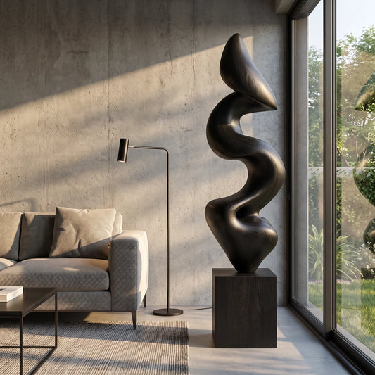 Handcrafted Solid Wood Ribbon Floor Sculpture – Modern Vertical Statement Art for Contemporary Interiors