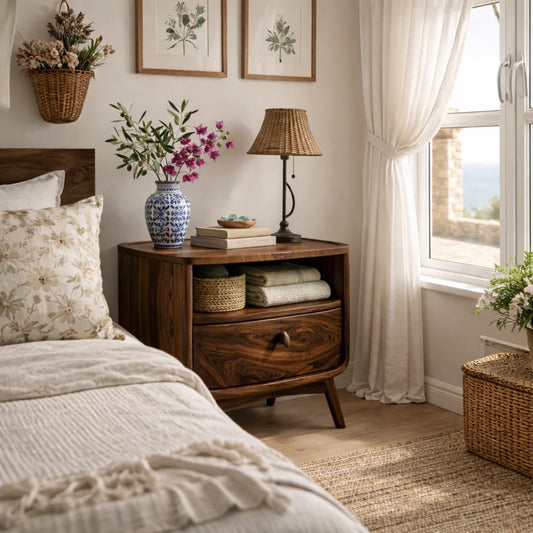 Handcrafted Solid Wood Nightstand with Drawer and Open Shelf Storage