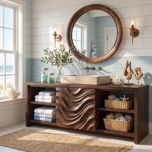 Solid Wood Bathroom Vanity with Carved Wave Panel and Open Shelf Storage