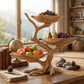 Solid Wood Three-Tier Fruit Display Bowl with Sculptural Branch Pedestal