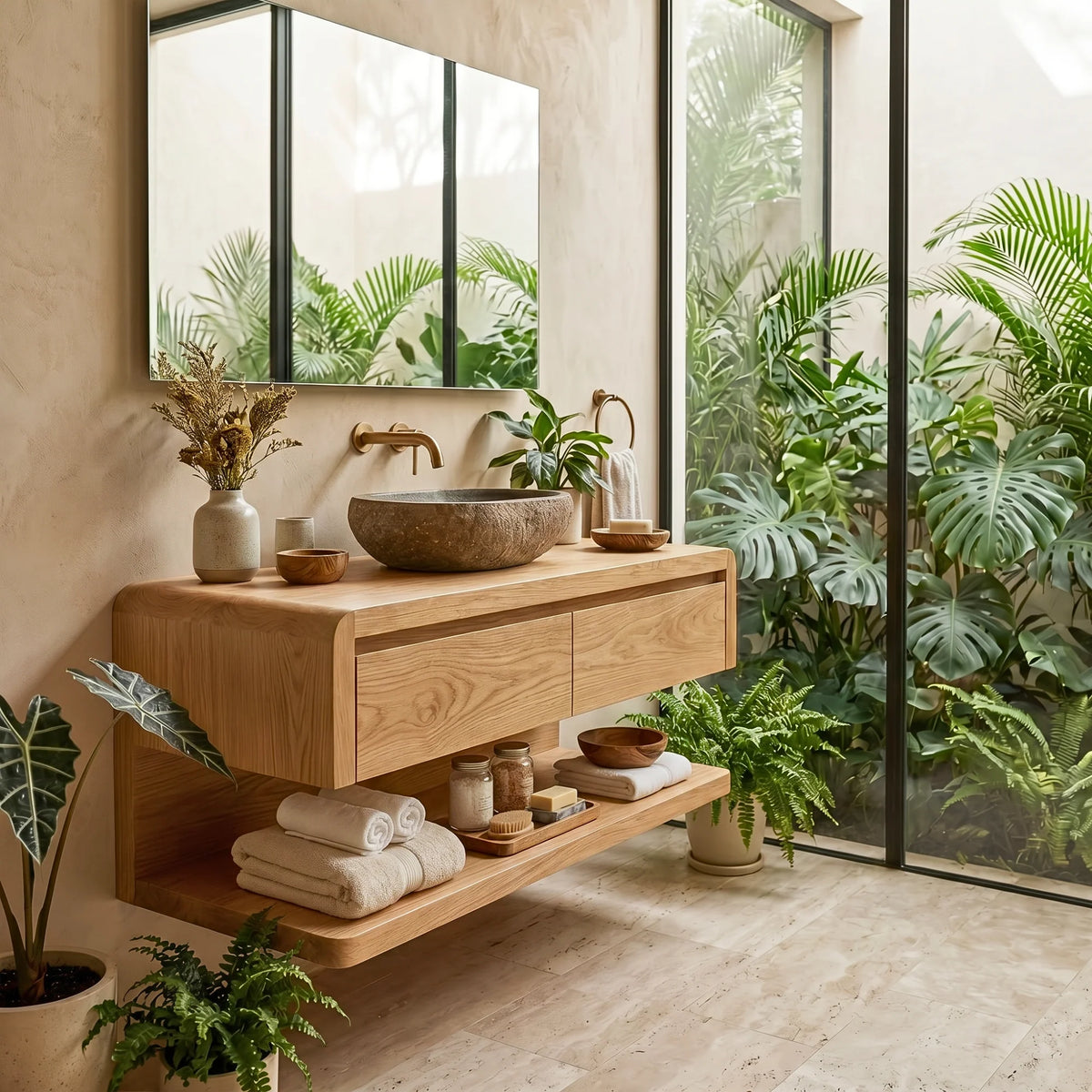 Floating Bathroom Vanity with Seamless Curved Frame – Modern Wall-Mounted Vanity Cabinet