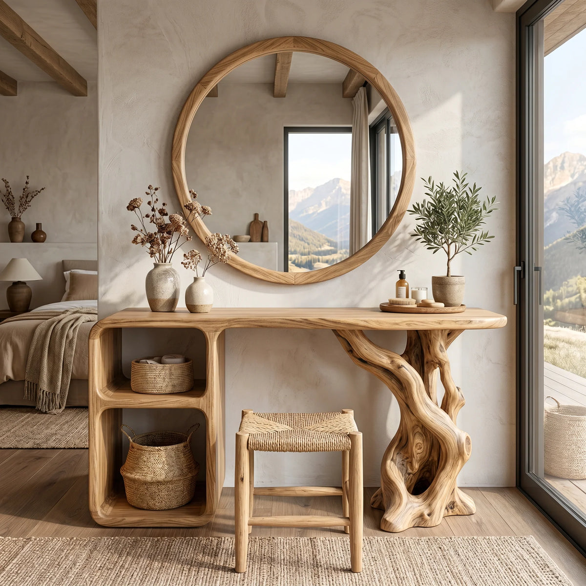 Sculptural Solid Wood Vanity Table with Organic Carved Base and Open Shelf