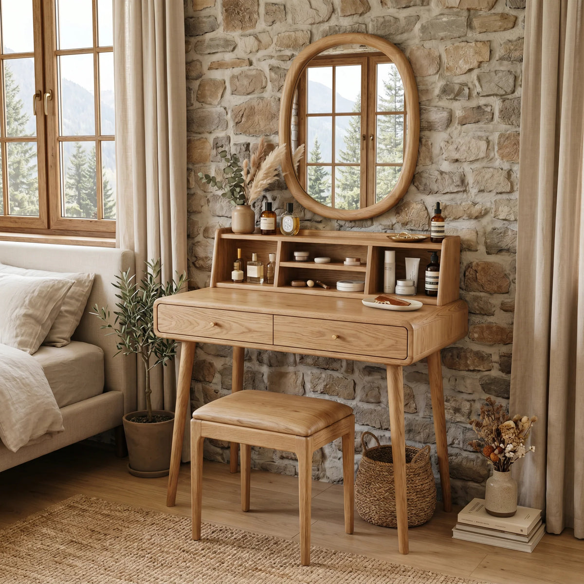 Handcrafted Solid Wood Vanity Desk with Open Organizer Shelf and Storage Drawer