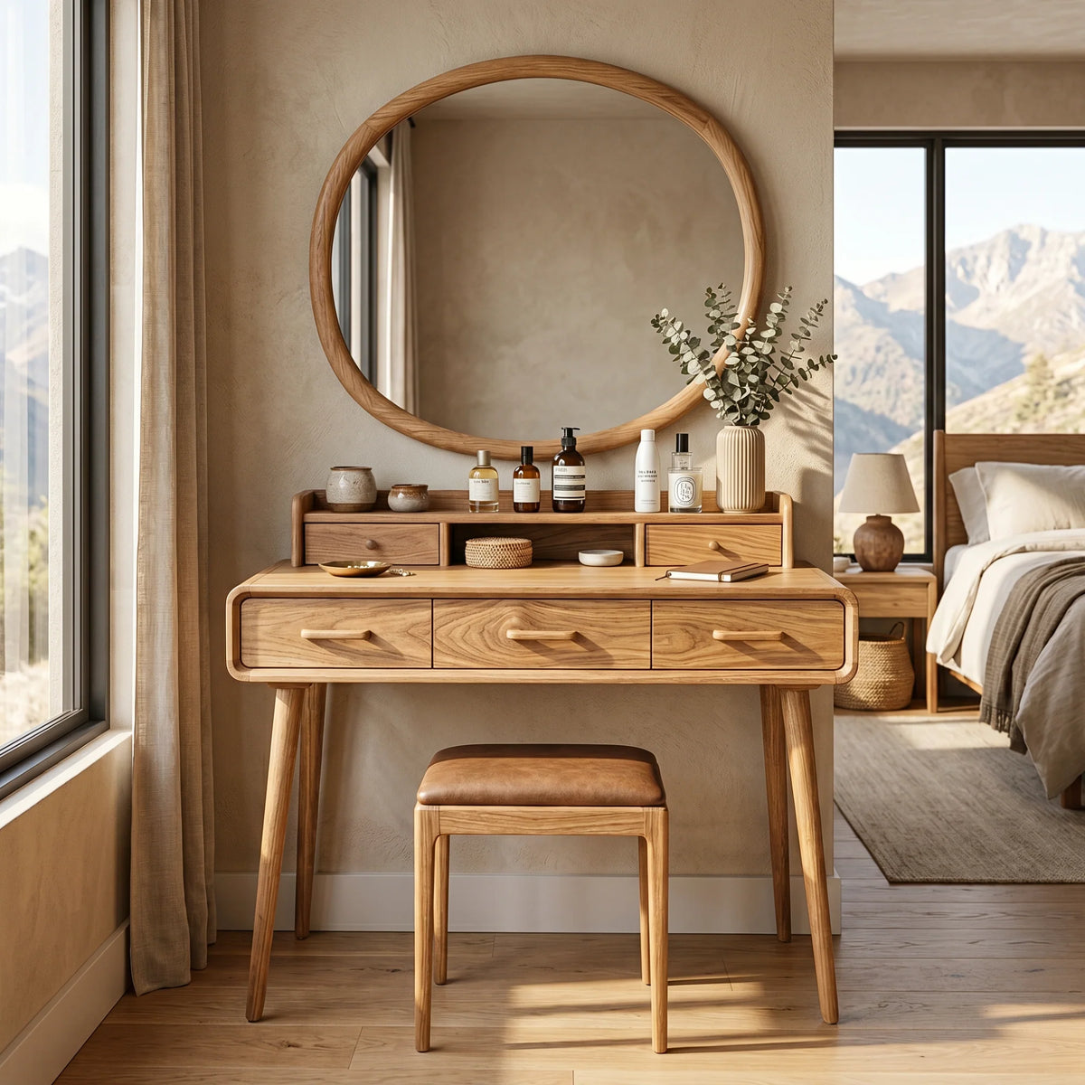 Solid Wood Makeup Vanity Table with Organizer Hutch and Spacious Storage Drawers