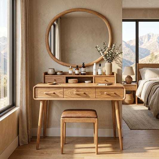 Solid Wood Makeup Vanity Table with Organizer Hutch and Spacious Storage Drawers