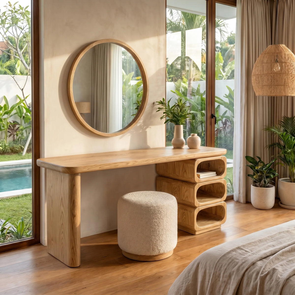 Modern Solid Wood Vanity Table with Rounded Open Shelf and Panel Legs