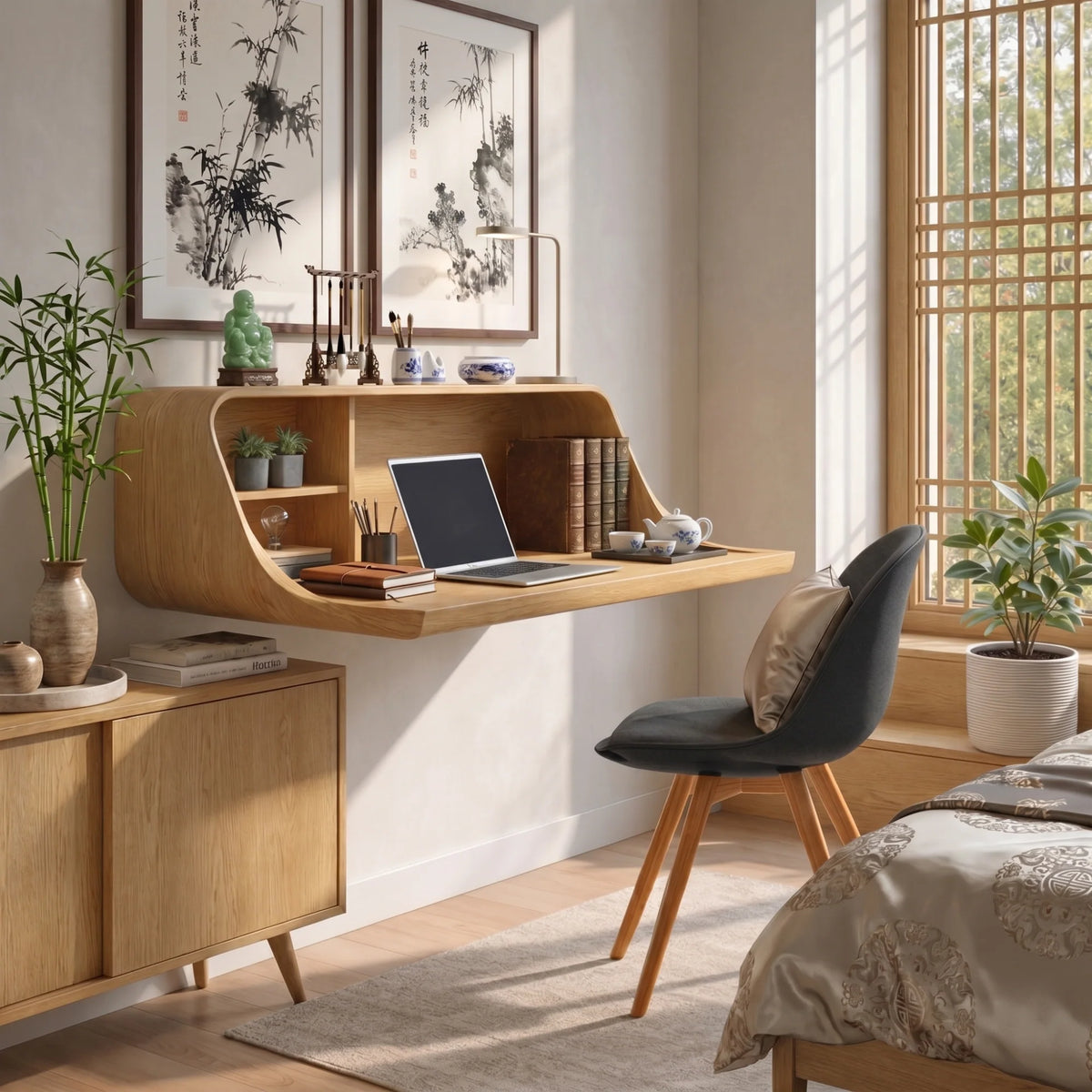 Modern Floating Desk with Integrated Shelves