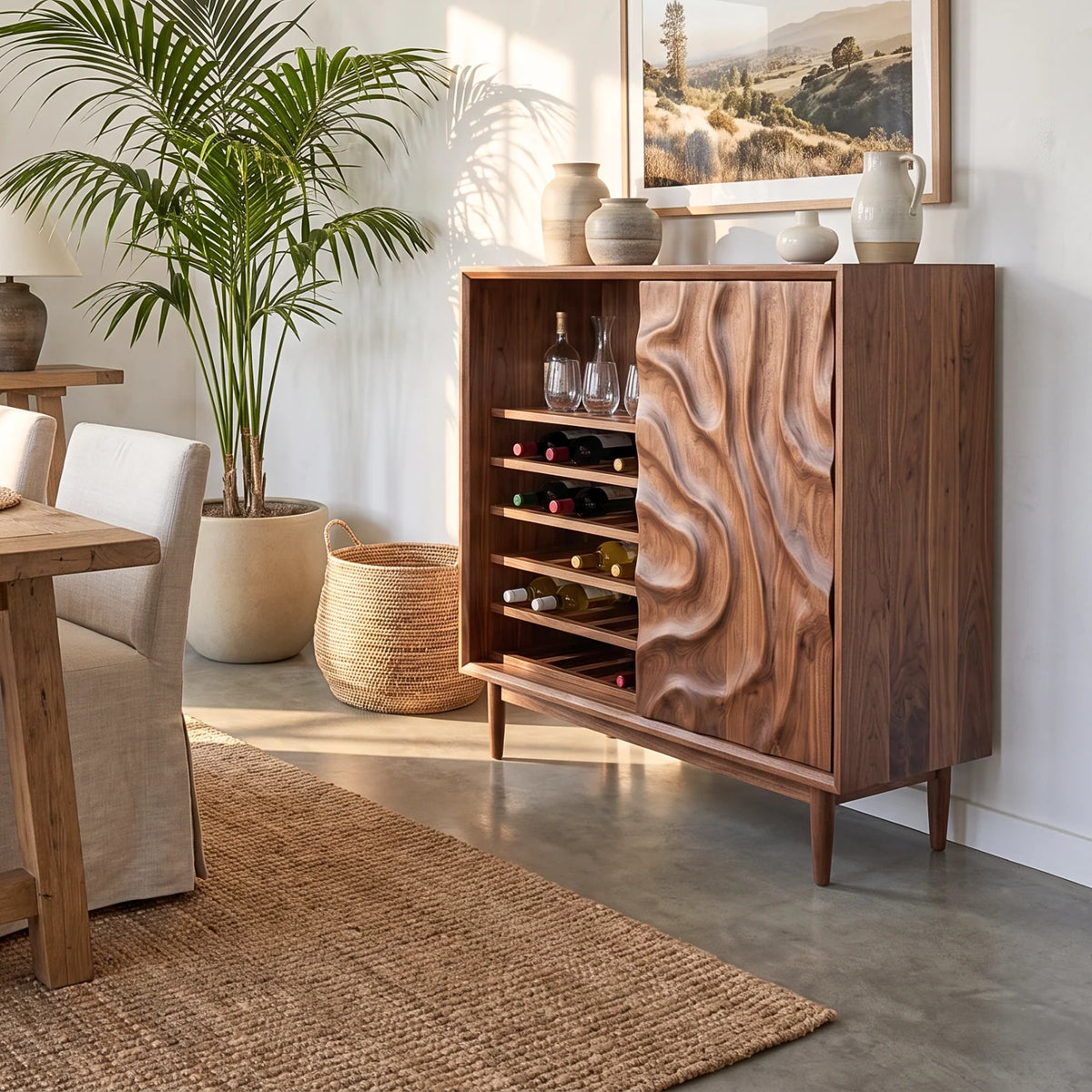 Solid Wood Wine Cabinet with Carved Relief Door and Integrated Bottle Shelves