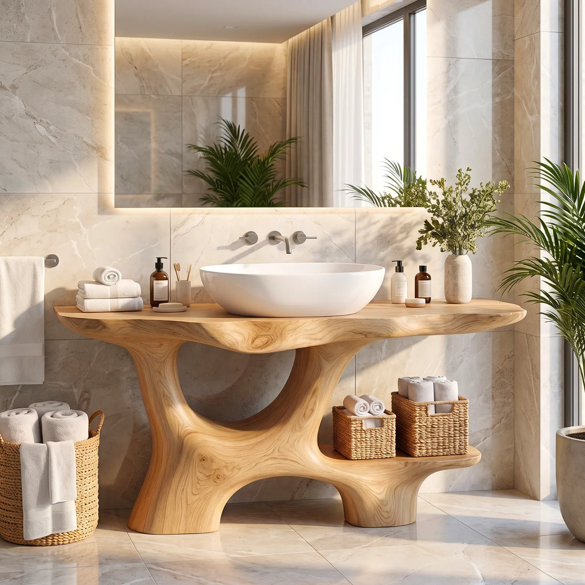 Solid Wood Bathroom Vanity with Open Arch Base and Side Shelf Storage